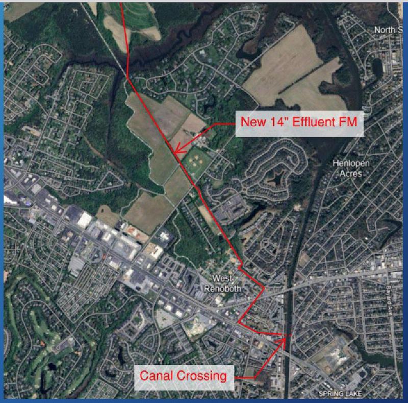 The preferred option would be to run a new 14-inch line from the Wolfe Neck facility south to a connection point just north of the Rehoboth Beach Wastewater Treatment Facility. From there, the effluent would be pumped to the existing outfall. SUSSEX COUNTY IMAGE